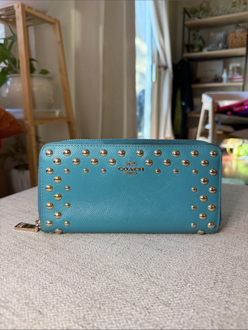 COACH Teal Studded Zip-Around Wallet with Silver Studs